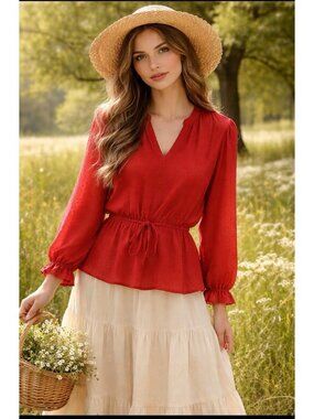 A New Day Womens Blouse Top Shirt Sz M Red Swiss Dot V Neck Drawstring NWT